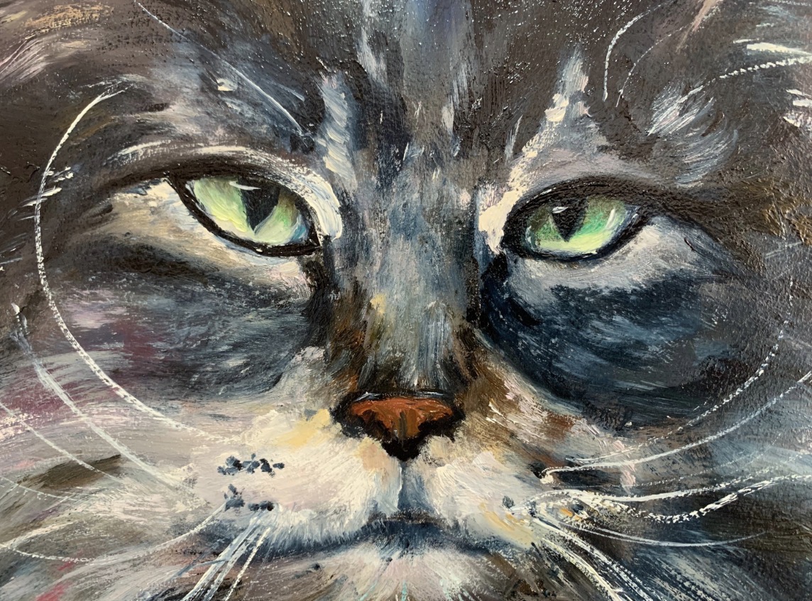 Detail of Cat Herman painting by Marina Stognieva — the cat's eyes and face